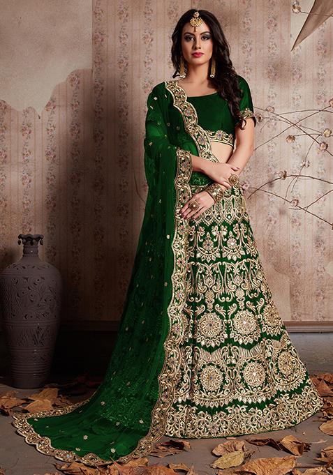 Green Sequin Embroidered Velvet Lehenga Set