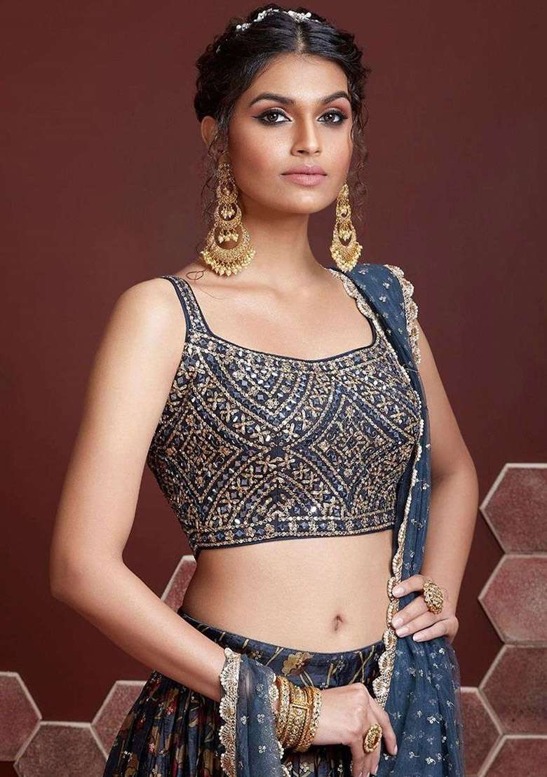 Blue Embroidered Chinon Silk Blend Lehenga Set for Diwali and Festive Wear - Indya