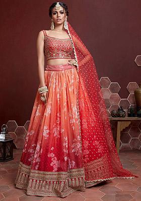 Orange Embroidered Organza Lehenga Set