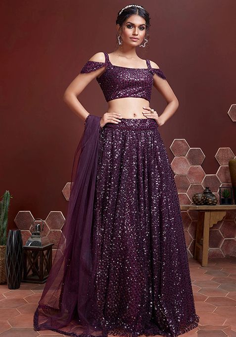 Purple Embroidered Net Lehenga Set