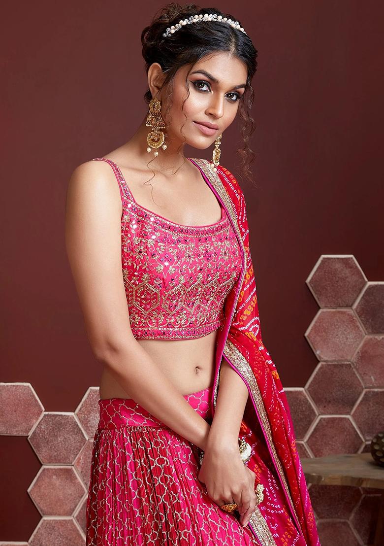 Pink Digital Print Chinon Silk Lehenga Set
