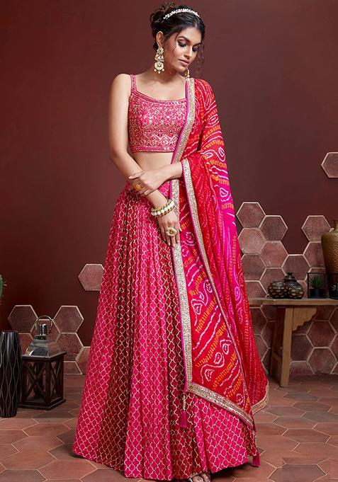 Pink Digital Print Chinon Silk Lehenga Set