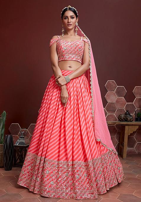 Peach Embroidered Organza Lehenga Set