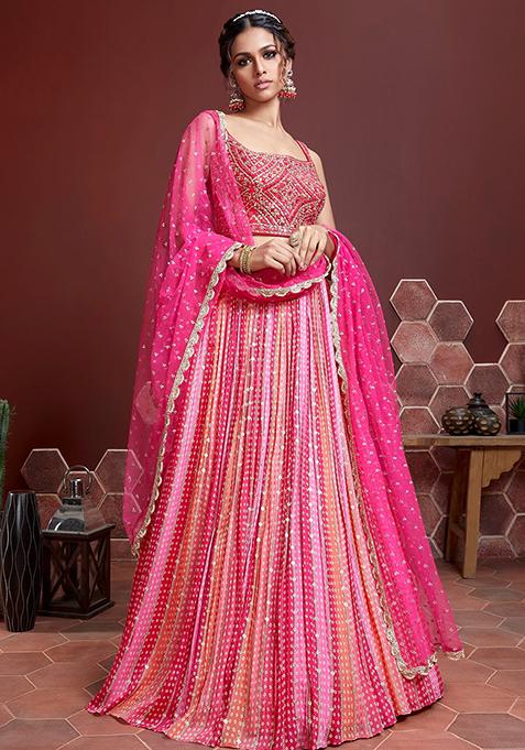 Pink Embroidered Chinon Silk Lehenga Set