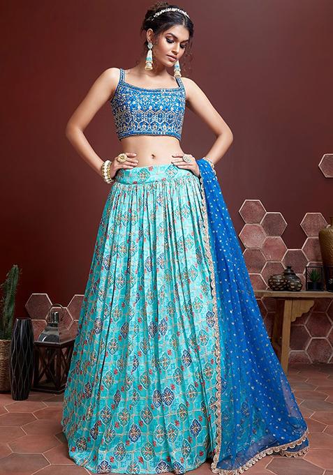 Sky Blue Embroidered Chinon Silk Lehenga Set