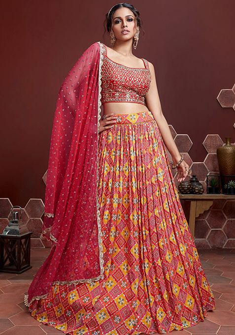 Red Embroidered Chinon Silk Lehenga Set