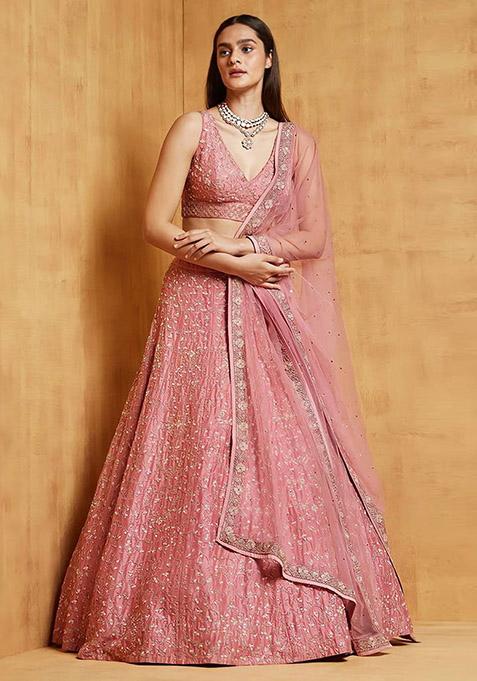 Pink Embroidered Satin Silk Lehenga Set