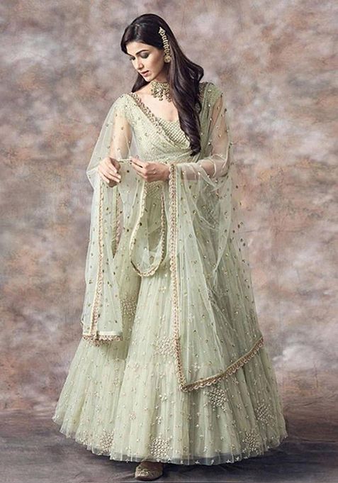 Green Embroidered Net Lehenga Set