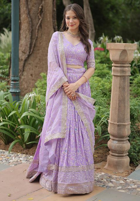 Lavender Sequin Embroidered Pure Dyeable Viscose Jacquard Lehenga Set