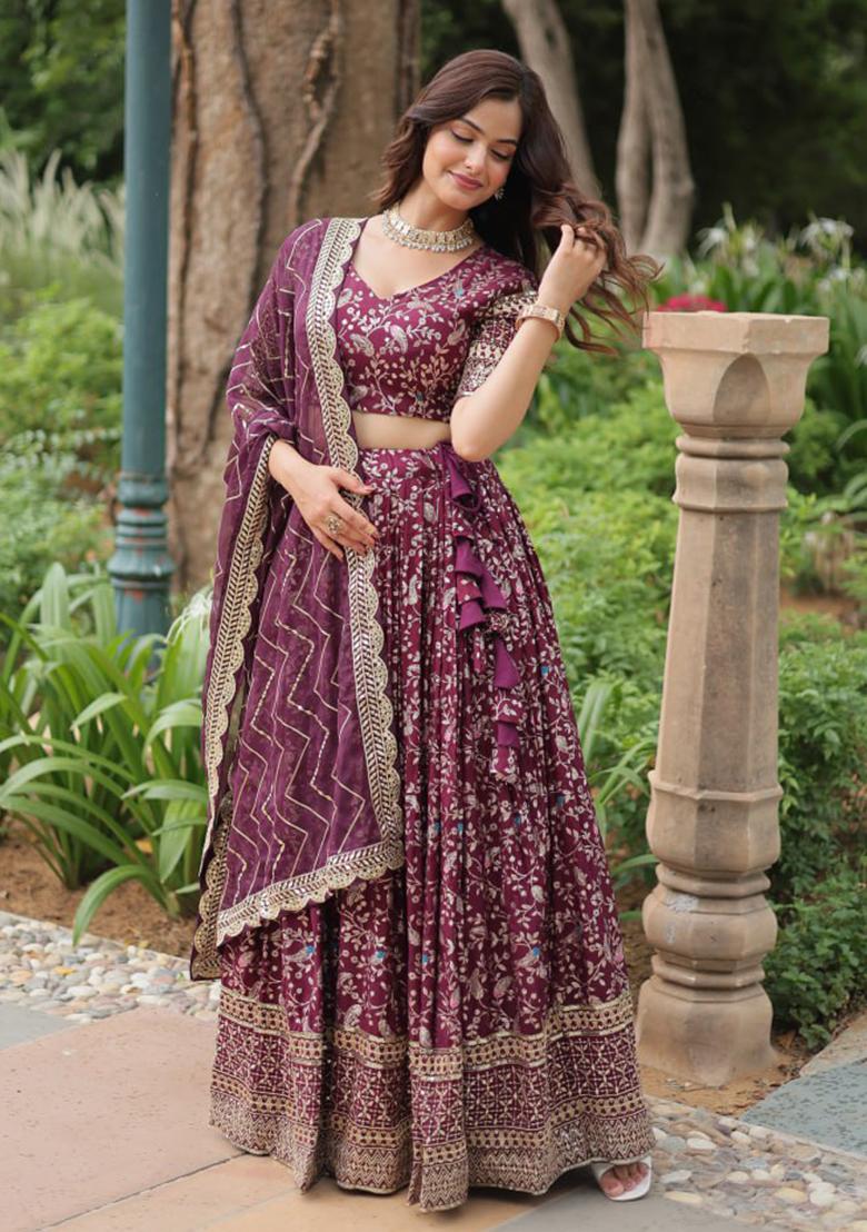 Wine Sequin Embroidered Pure Dyeable Viscose Jacquard Lehenga Set