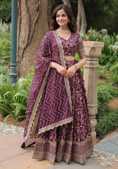 Wine Sequin Embroidered Pure Dyeable Viscose Jacquard Lehenga Set