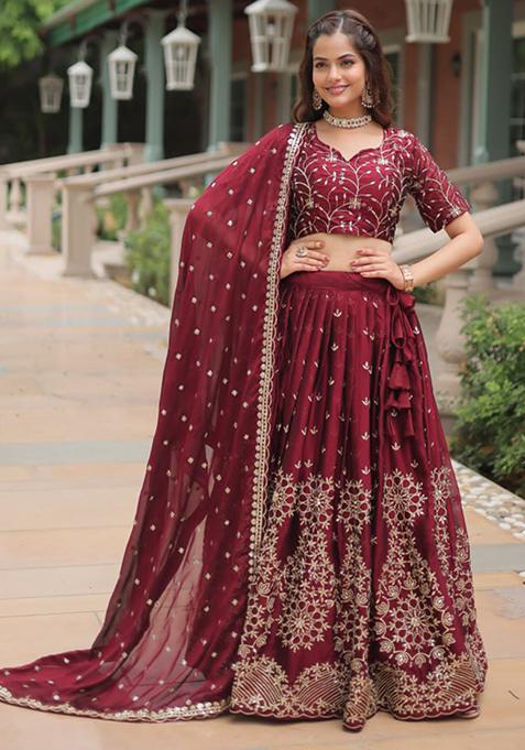 Maroon Sequin Embroidered Rangoli Silk Lehenga Set