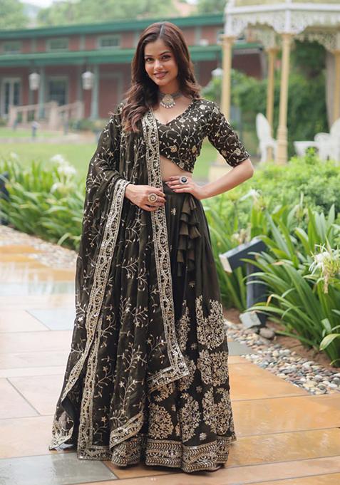 Black Sequin Embroidered Rangoli Silk Lehenga Set