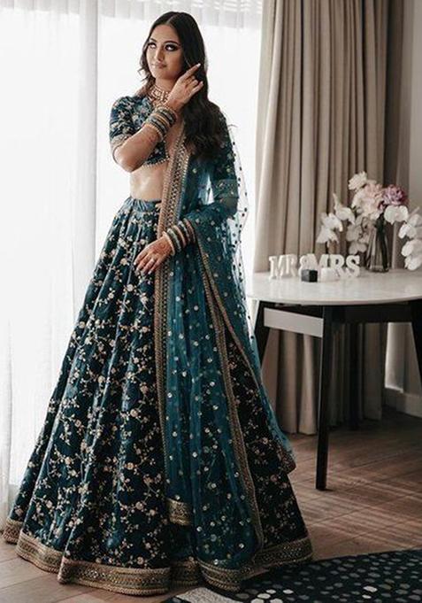 Bottle Green Sequin Embroidered Velvet Lehenga Set