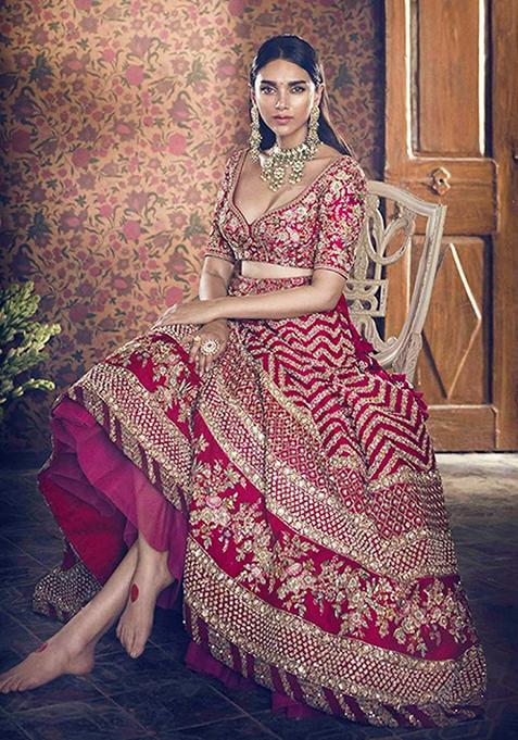 Red Sequin Embroidered Silk Lehenga Set