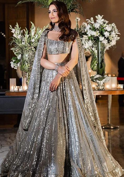 Grey Sequin Embroidered Faux Georgette Lehenga Set