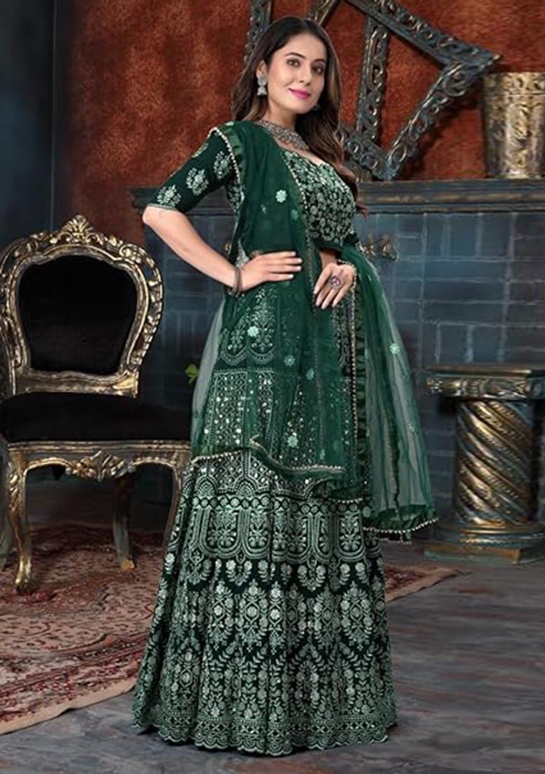 Green Sequin Embroidered Faux Georgette Lehenga Set