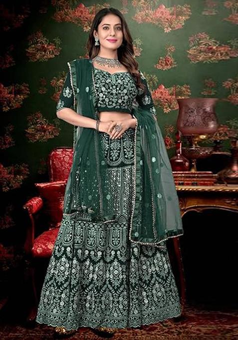 Green Sequin Embroidered Faux Georgette Lehenga Set