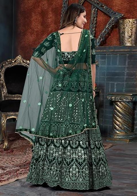 Green Sequin Embroidered Faux Georgette Lehenga Set