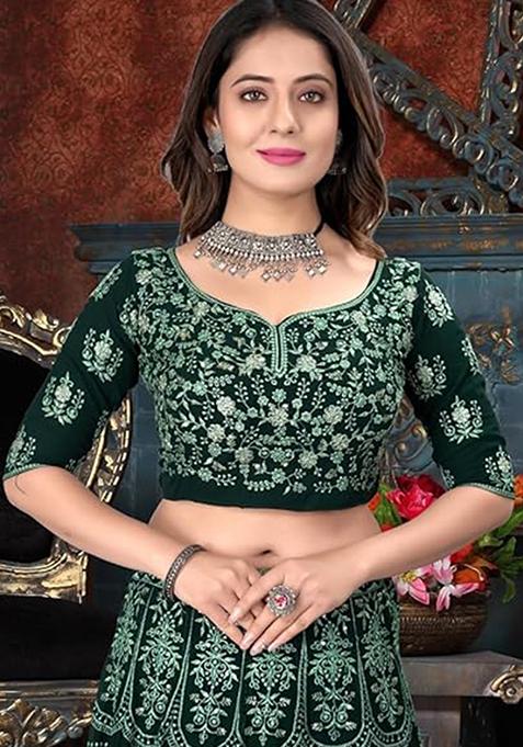 Green Sequin Embroidered Faux Georgette Lehenga Set