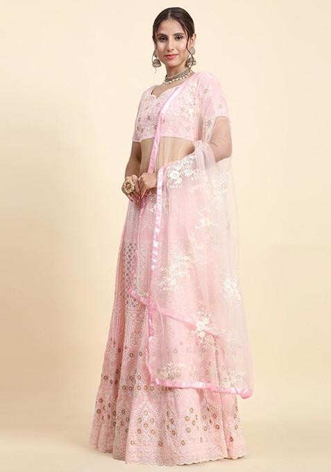 Baby Pink Sequin Embroidered Faux Georgette Lehenga Set