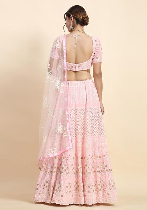Baby Pink Sequin Embroidered Faux Georgette Lehenga Set