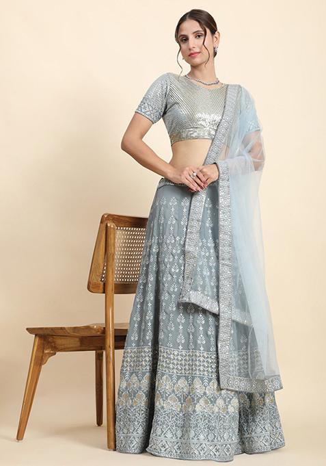 Grey Sequin Embroidered Faux Georgette Lehenga Set