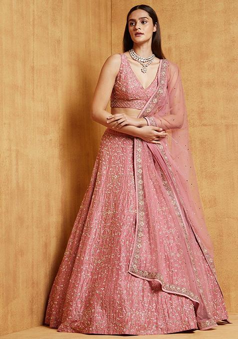 Pink Sequin Embroidered Malai Satin Silk Lehenga Set