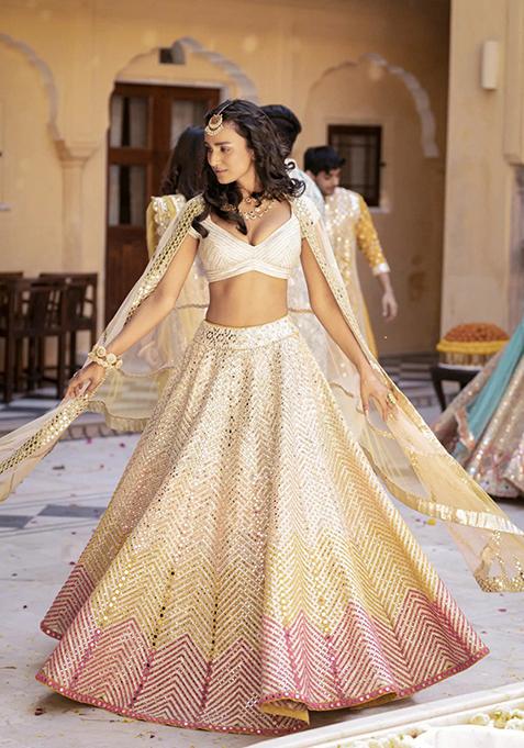 Cream Embroidered Faux Georgette Lehenga Set