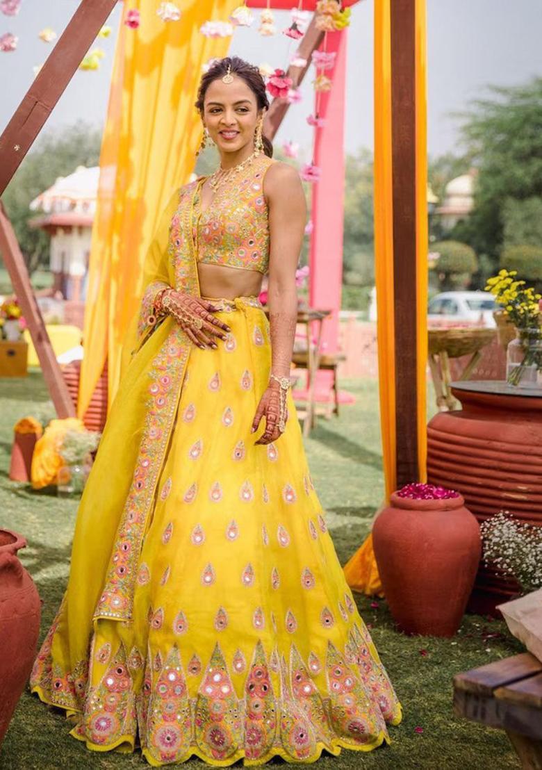 Yellow Sequin Embroidered Faux Georgette Lehenga Set