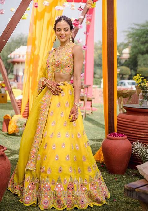 Yellow Sequin Embroidered Faux Georgette Lehenga Set