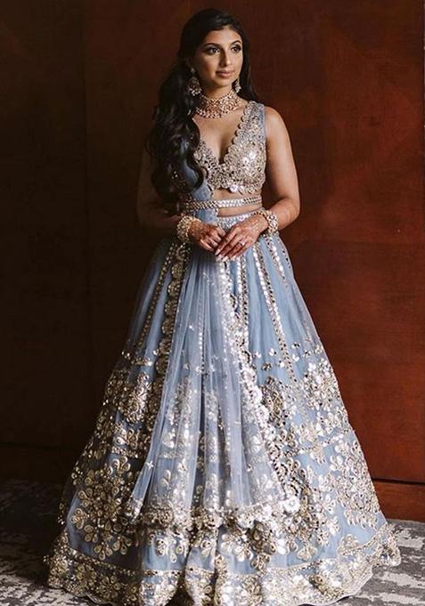 Grey Embroidered Net Lehenga Set