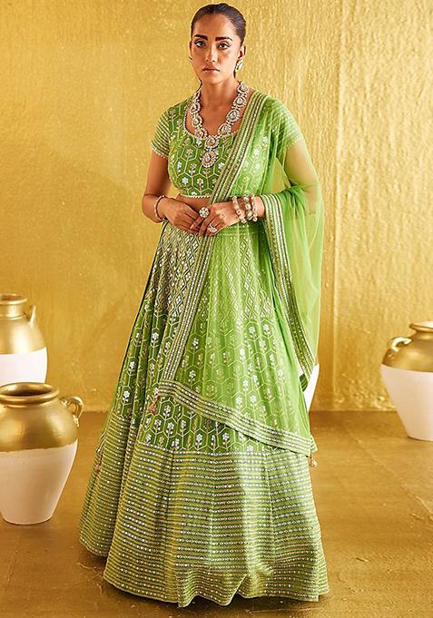 Parrot Green Sequin Embroidered Banglori Silk Lehenga Set