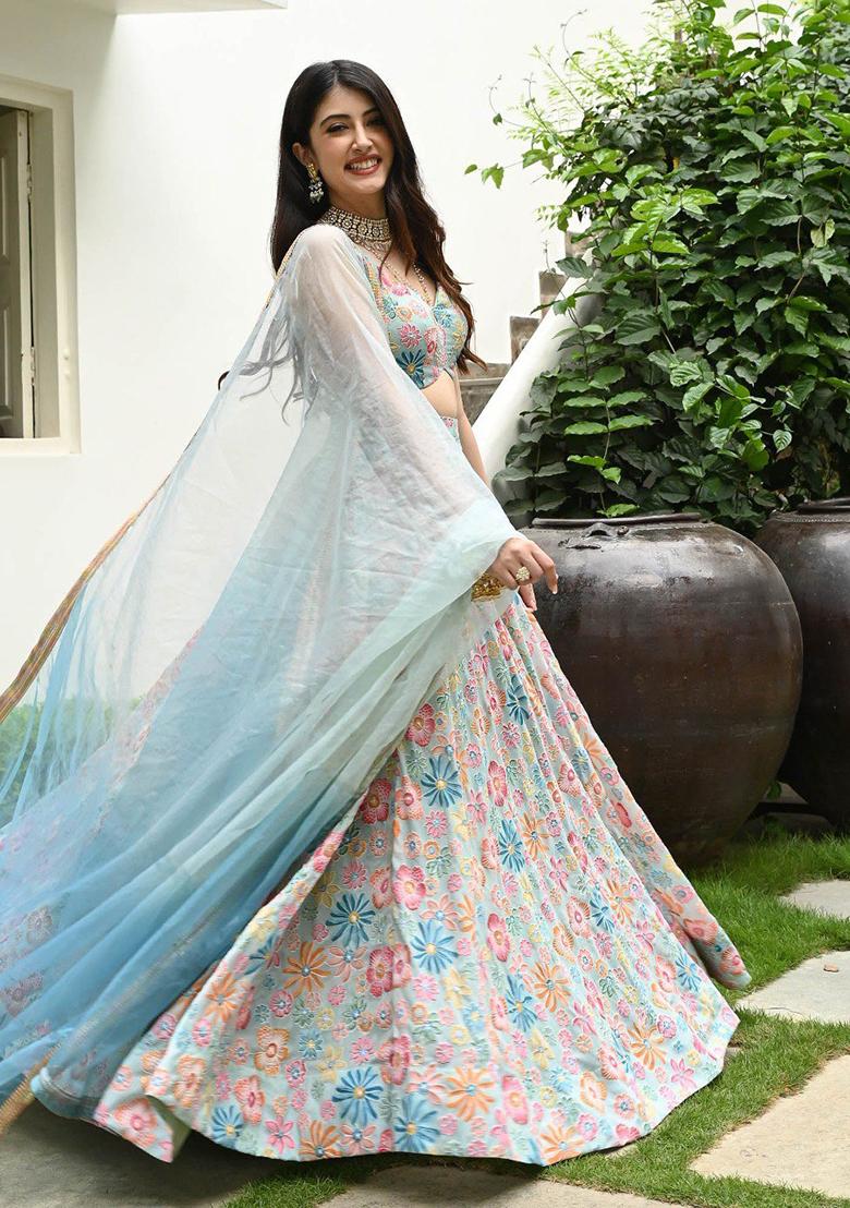 Multicolor Digital Print Muslin Silk Lehenga Set