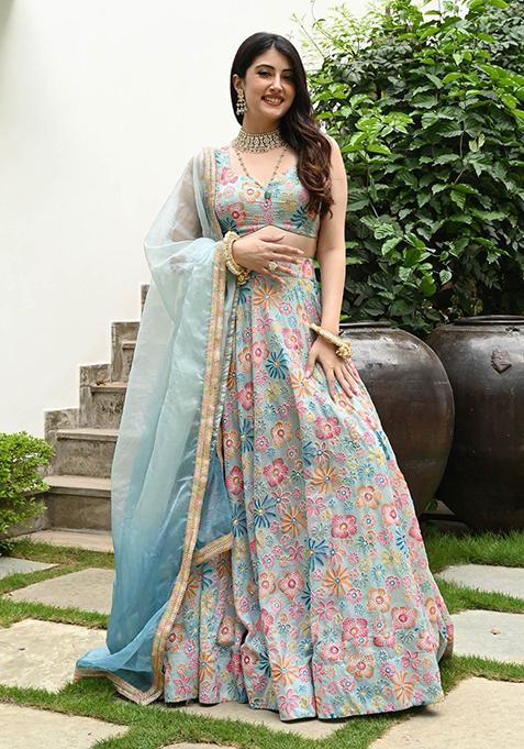 Multicolor Digital Print Muslin Silk Lehenga Set