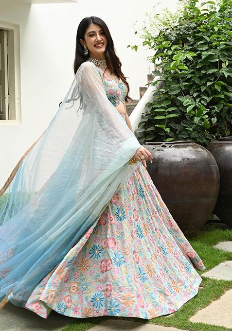 Multicolor Digital Print Muslin Silk Lehenga Set