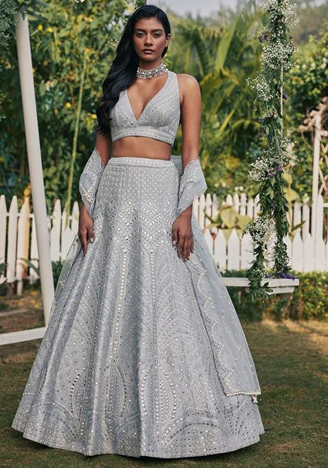 Steel Grey Sequin Embroidered Banglori Silk Lehenga Set