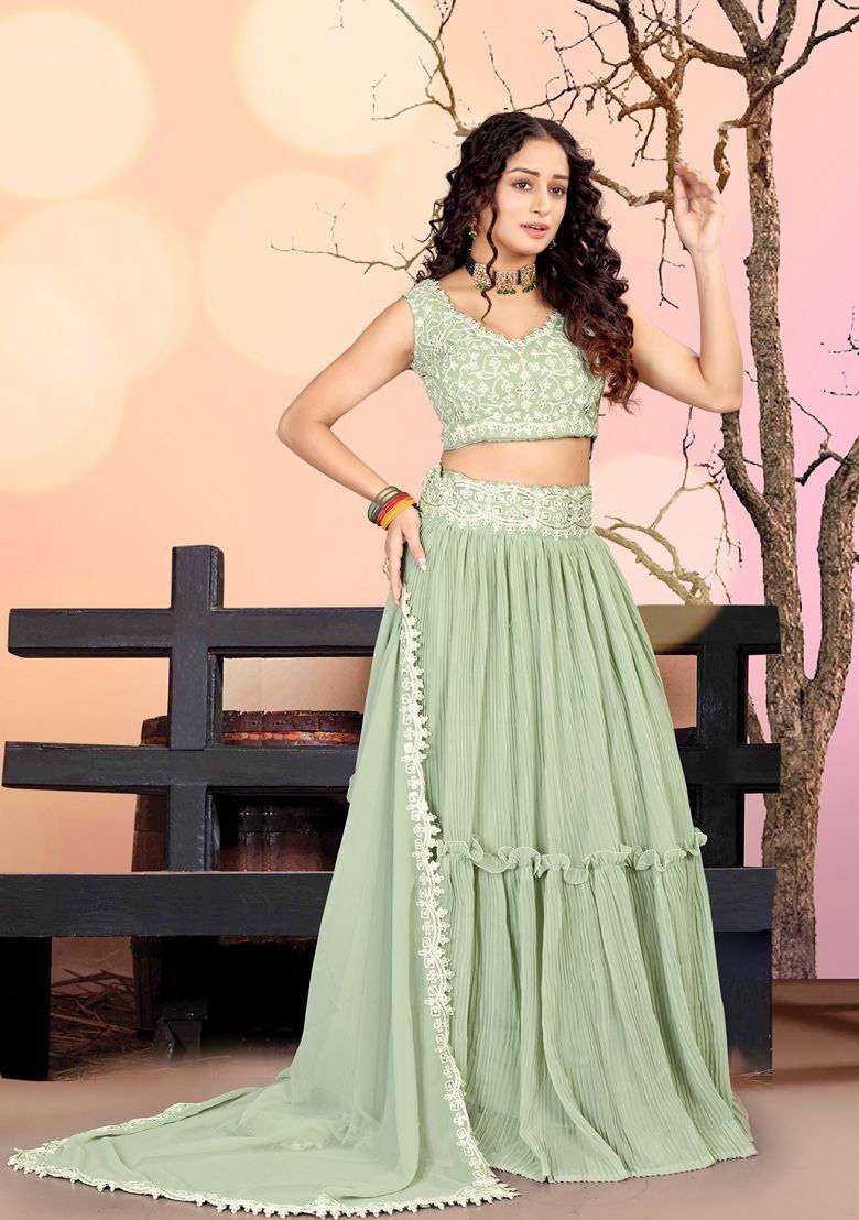 Sea Green Crush Work Georgette Lehenga Set for Diwali | Wedding & Festive Wear - Indya