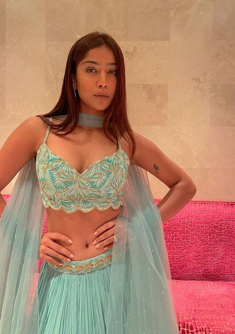 Turquoise Crush Work Faux Georgette Lehenga Set for Diwali and Festive Wear - Indya