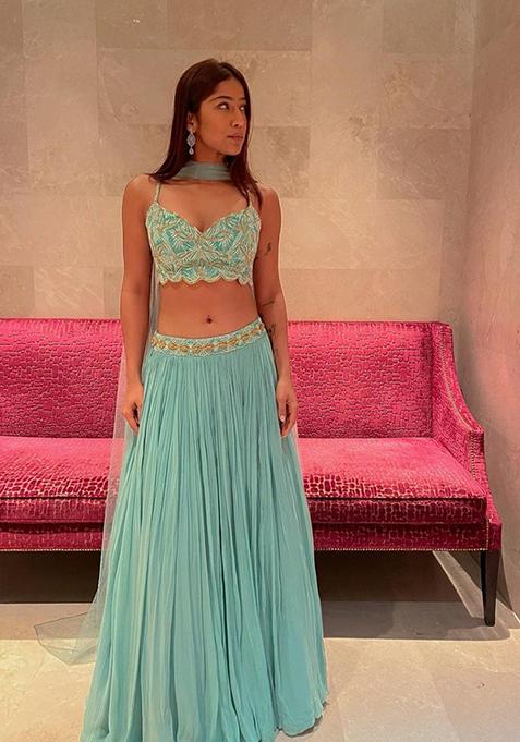 Turquoise Crush Work Faux Georgette Lehenga Set