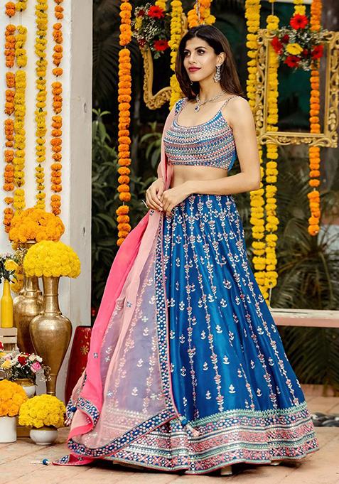Blue Sequin Embroidered Chinon Lehenga Set