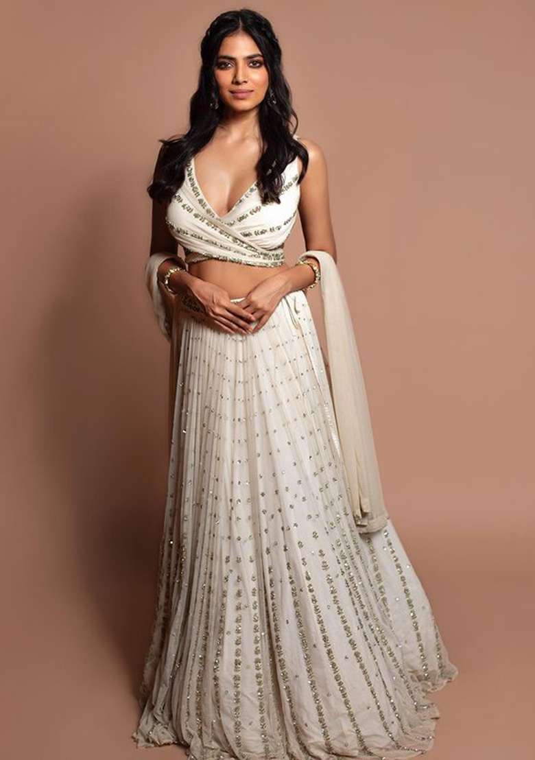 White Sequin Embroidered Georgette Lehenga Set for Diwali and Festive Wear - Indya