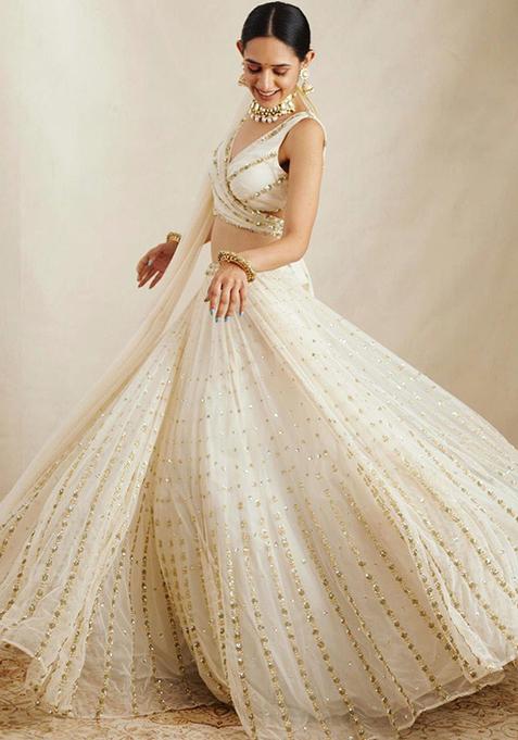 White Sequin Embroidered Georgette Lehenga Set