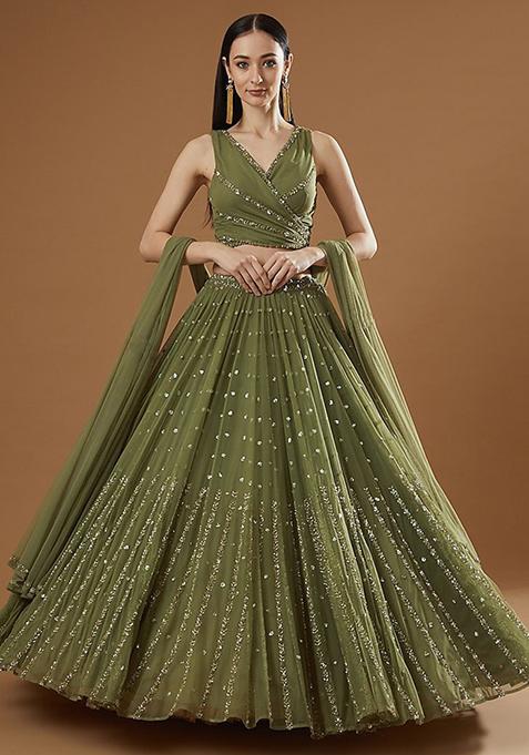 Green Sequin Embroidered Georgette Lehenga Set