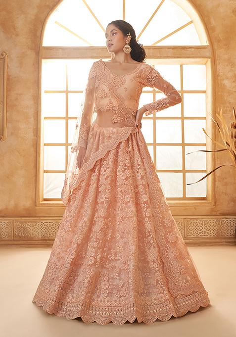 Peach Thread Embroidered Net Lehenga Set