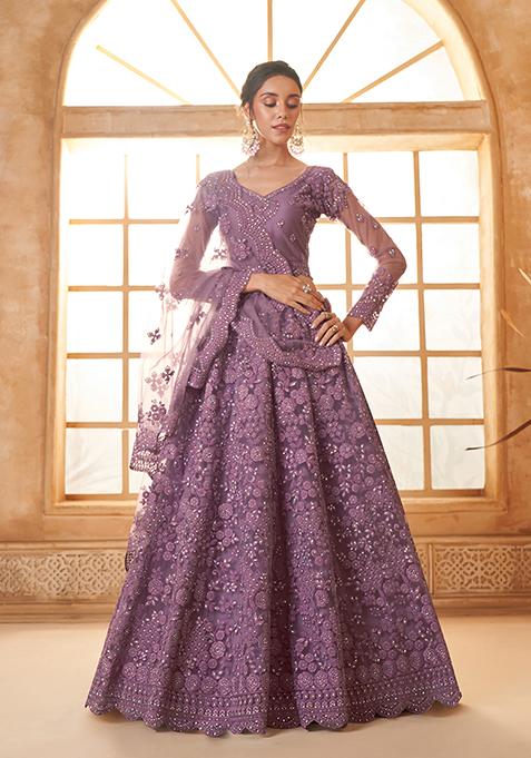 Violet Thread Embroidered Net Lehenga Set