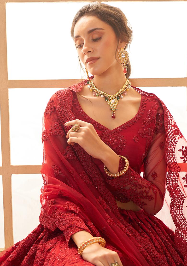 Buy Women Deep Red Thread Embroidered Net Lehenga Set - XLH05479 ...