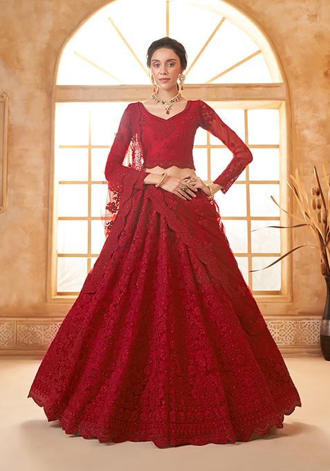 Deep Red Thread Embroidered Net Lehenga Set