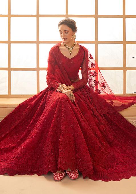 Buy Women Deep Red Thread Embroidered Net Lehenga Set - XLH05479 ...
