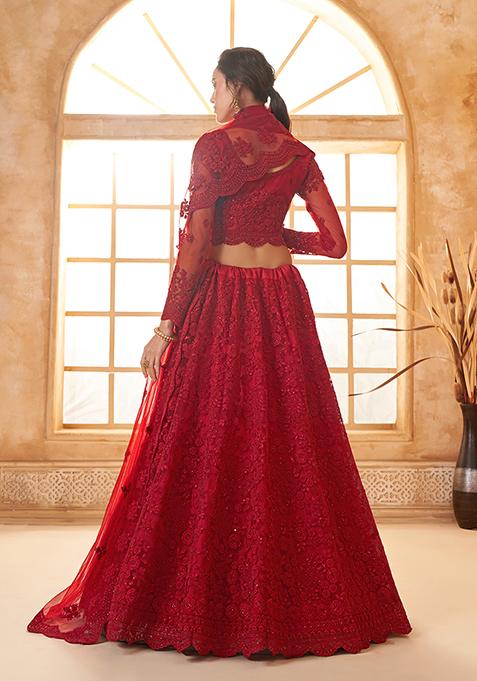 Buy Women Deep Red Thread Embroidered Net Lehenga Set - XLH05479 ...
